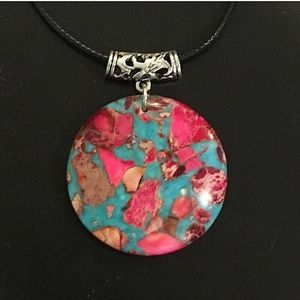 Blue Turquoise Agate Pyrite Pendant on Waxed Necklace w/ Lobster Claw Clasp